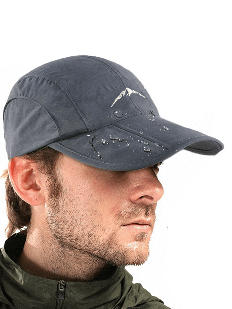 Man wearing unisex foldable waterproof baseball cap SF0906, showcasing waterproof design and adjustable strap for outdoor sports.